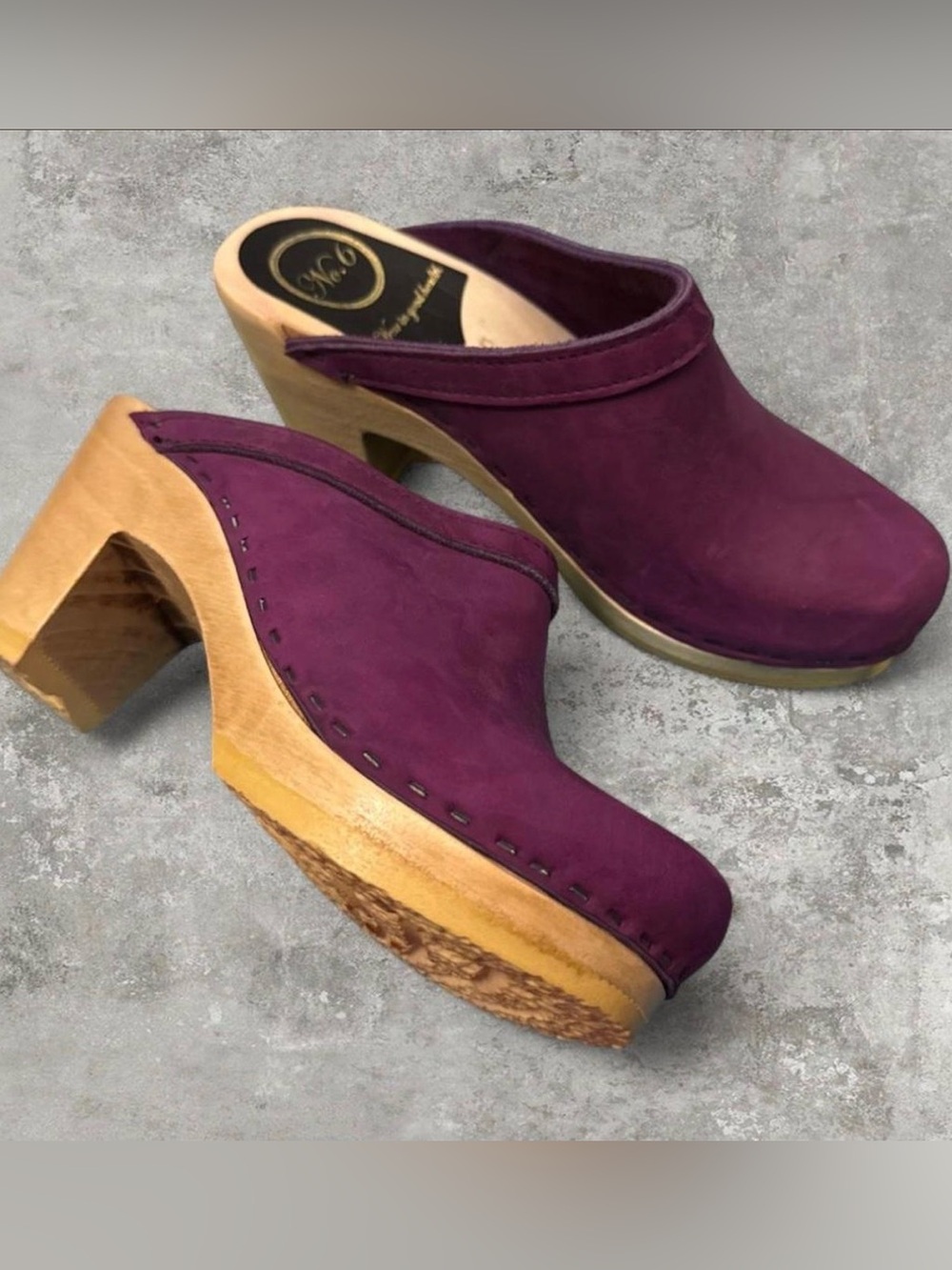 No. 6 Plum Suede Wooden Clog Mules, Size 6 (36)